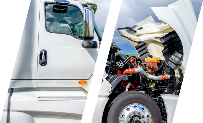 Split image showing the side profile and engine compartment of a truck with the hood open.