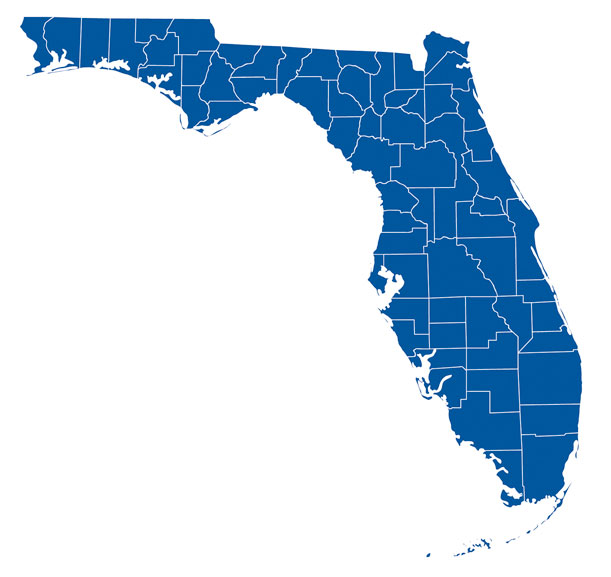 Blue map of Florida with county borders highlighted.