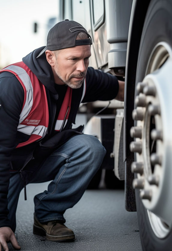 Mechanic in a cap and safety vest inspecting the tire of a large truck.